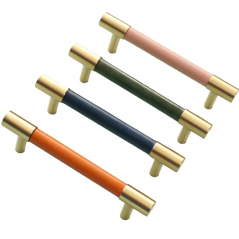 5 Inch Real Leather Handle Cabinet Brass T Bar Pulls Pink Single Hole Knobs