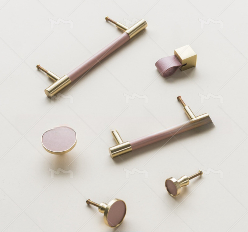 5 Inch Real Leather Handle Cabinet Brass T Bar Pulls Pink Single Hole Knobs
