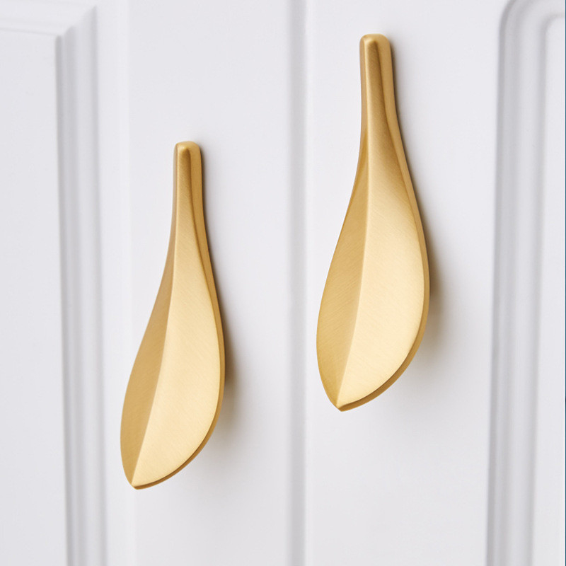 Nordic Brass Glod Leaves Cabinet Door Wardrobe Handle 2pairs Furniture Handle Knob Double Hole fixed Được trang bị vít